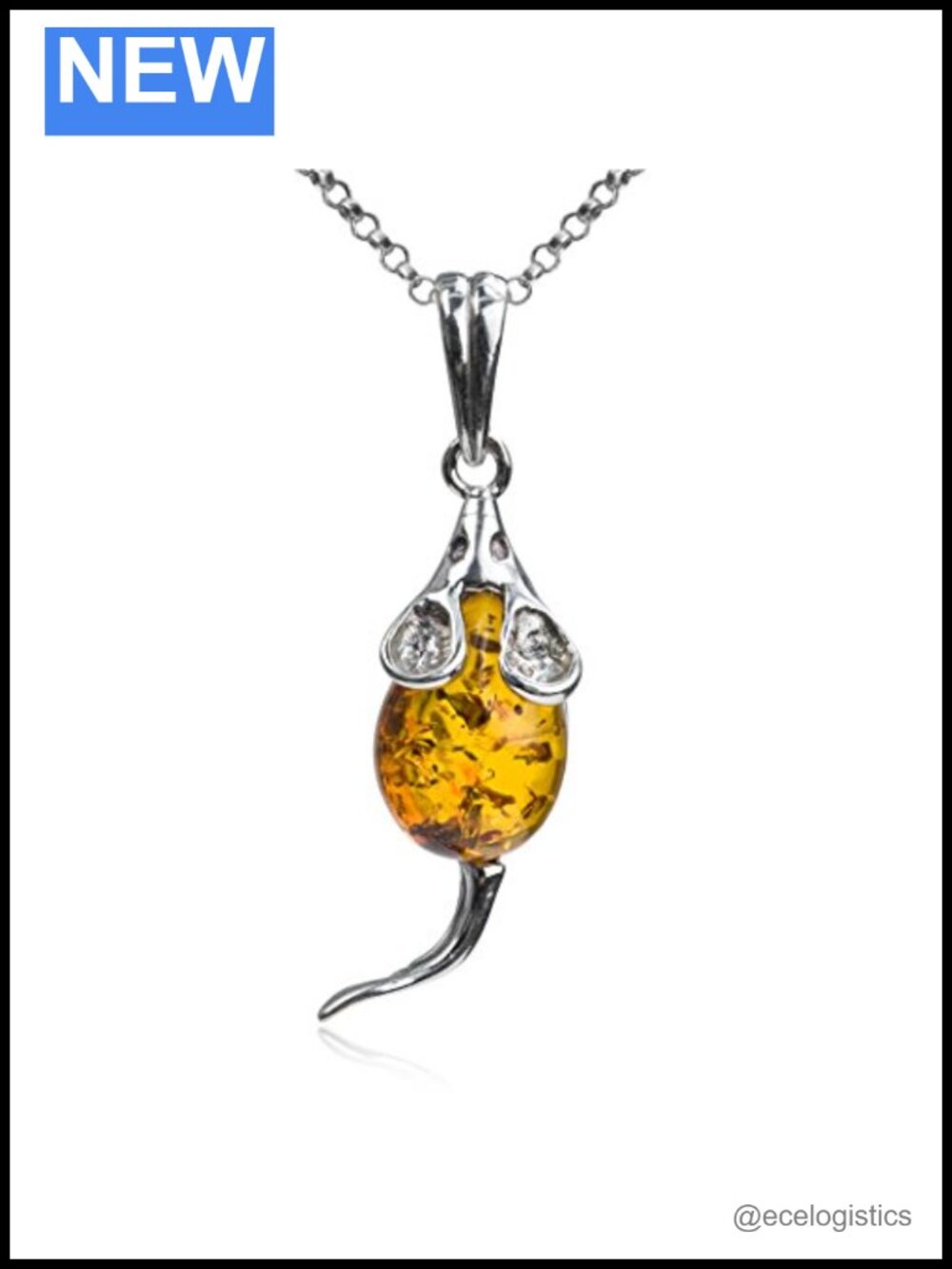 Sterling Silver Amber Mouse Pendant Necklace 18"